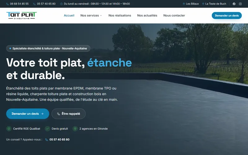 Site Toit Plat Aquitaine en ligne sur toitplataquitaine.com : Étanchéité et toiture plate à Nouvelle-Aquitaine